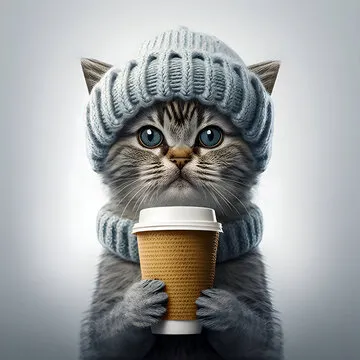 Cute cat wearing a beanie, holding cup of coffee